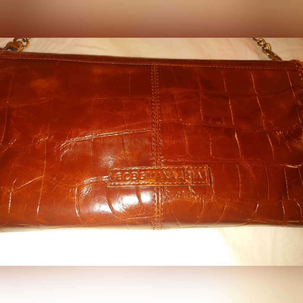 NWT Brown Leather BCBG MaxAzria Crocodile Chantal Clutch Purse Wristlet Gold - Picture 6 of 14